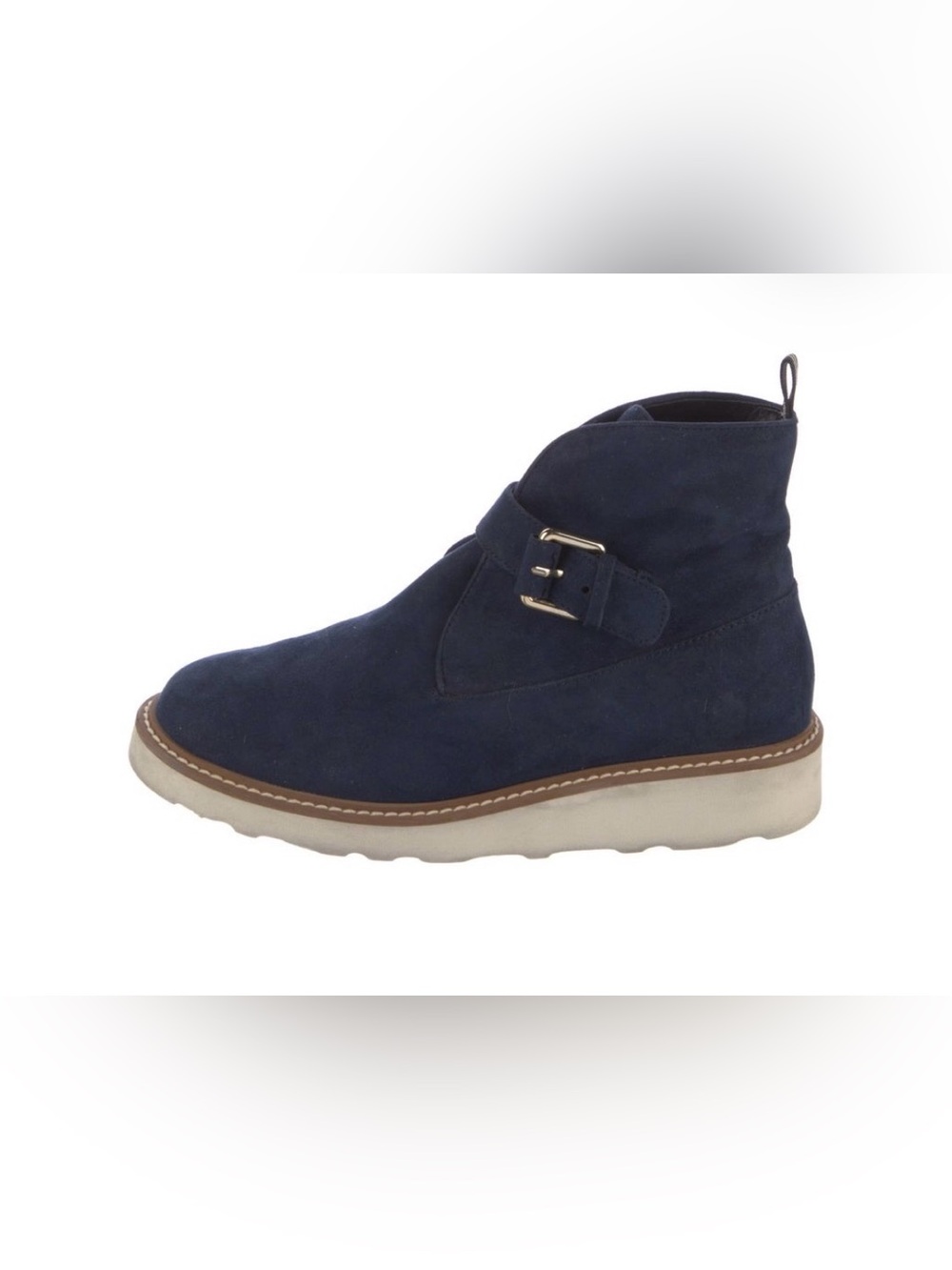 Stella McCartney Navy Suede Ankle Boot with Gold Buckle